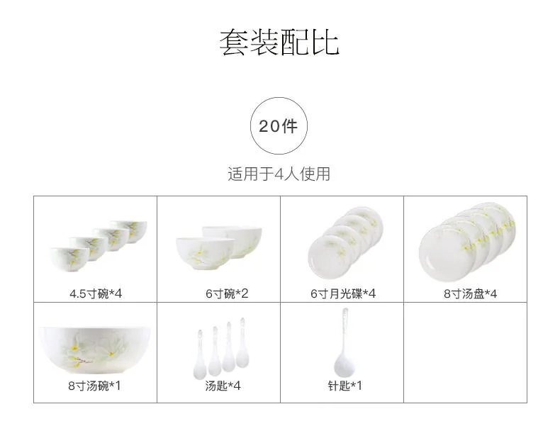 【下架】华光国瓷抗菌瓷骨瓷餐具套装 碗碟套装盘子碗碟勺中式餐具—白玉兰20头 detail image 8