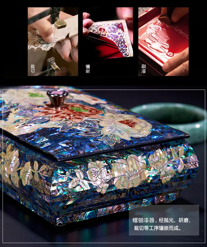 【中国直邮，时效7-15天】锦贝传说 螺钿漆器首饰盒 木质复古公主中式首饰品珠宝首饰盒 结婚礼物天地盖首饰盒 详情图 5