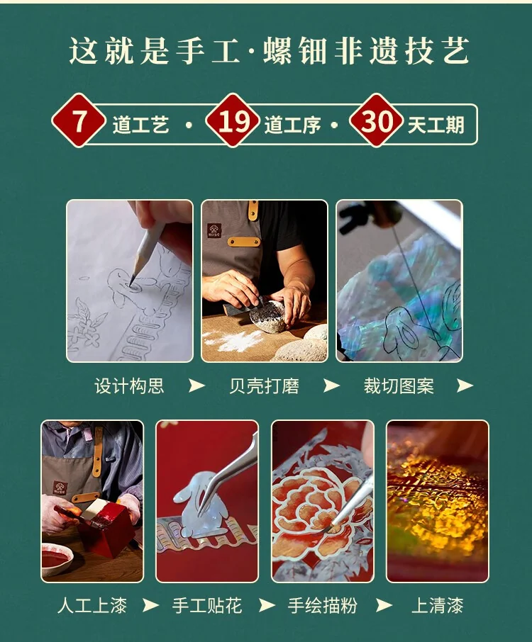 【中国直邮，时效8-20天】锦贝传说螺钿漆器珠宝实木双层首饰盒结婚精致礼物收纳嫁妆 喜鹊登梅【红绒布底-鱼锁】 detail image 9