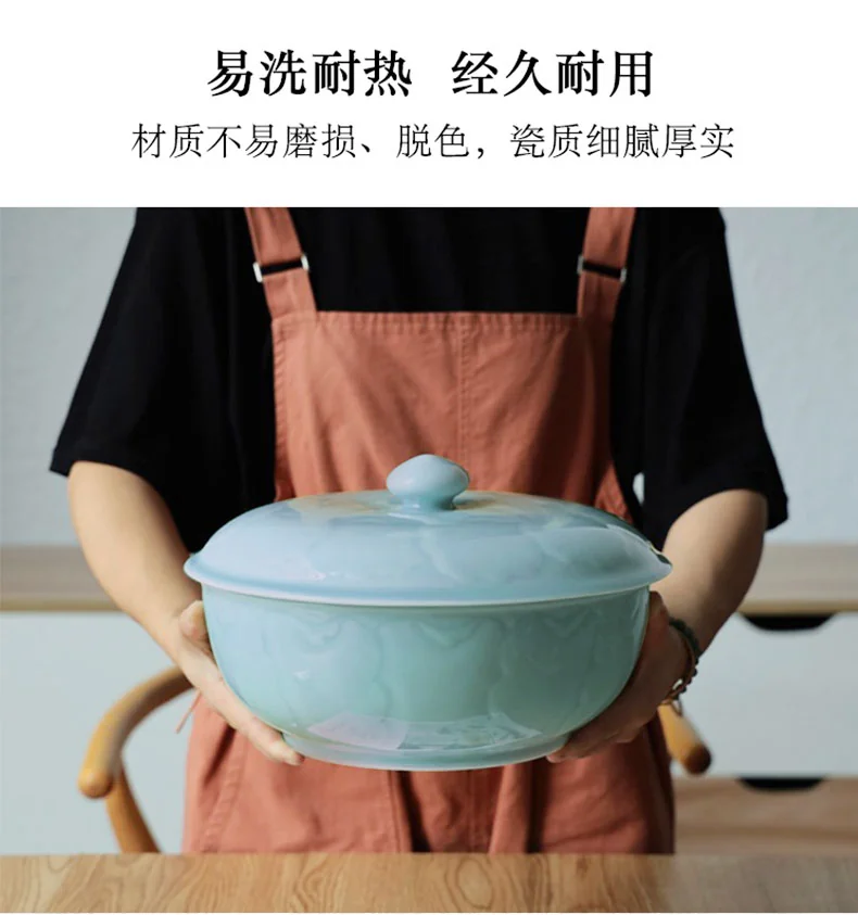 OUJIANG Longquan celadon peony pot household large Chinese soup pot with lid lead-free cadmium powder blue 10 inches detail image 6