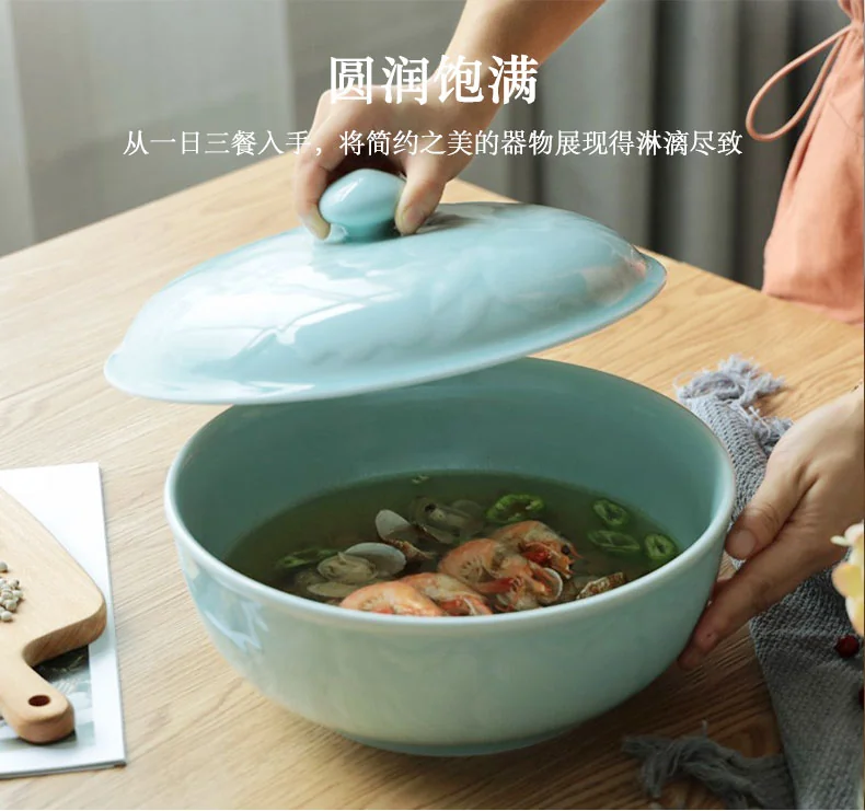 OUJIANG Longquan celadon peony pot household large Chinese soup pot with lid lead-free cadmium powder blue 10 inches detail image 10