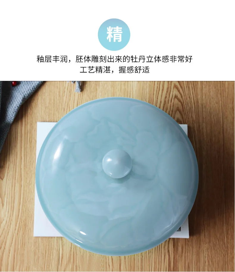 OUJIANG Longquan celadon peony pot household large Chinese soup pot with lid lead-free cadmium powder blue 10 inches detail image 12