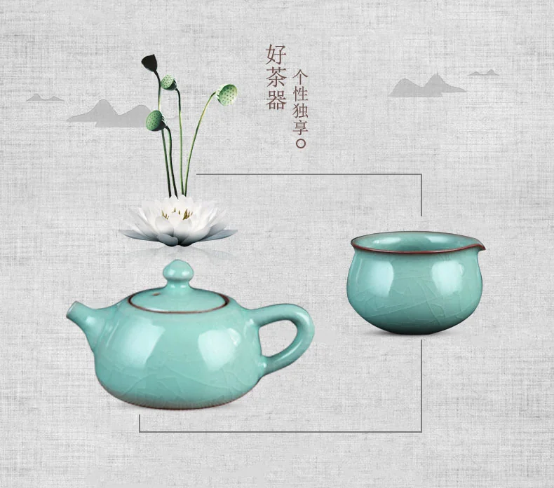 OUJIANG Oujiang Longquan Celadon Ge Kiln·Xishi Pot 8 Tea Sets Zero Lead and Zero Cadmium Plum Green detail image 9