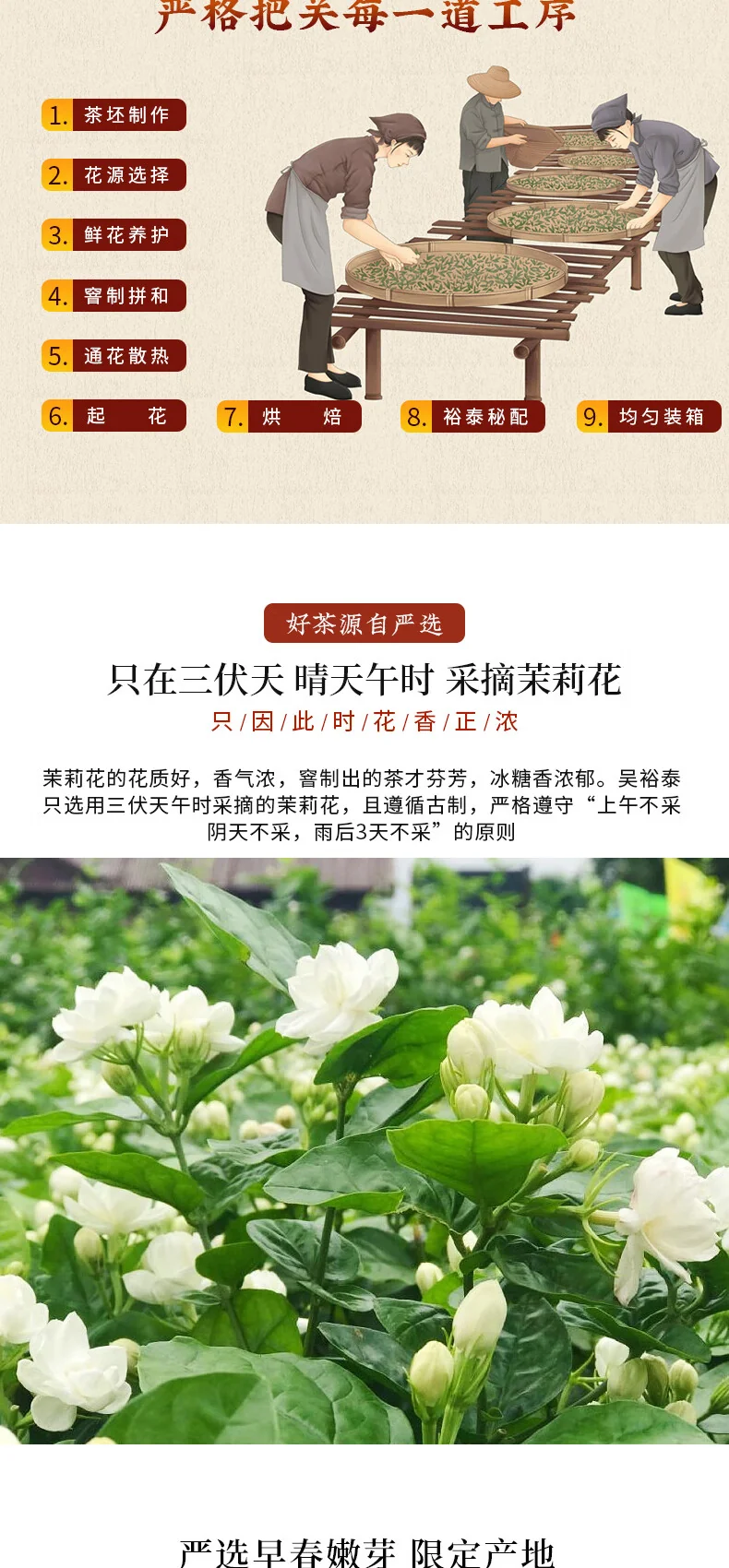 吴裕泰 茉莉花茶特种全芽茶叶茉莉绿茶新茶秘制九窨金尊纯芽花草茶礼品50g detail image 8