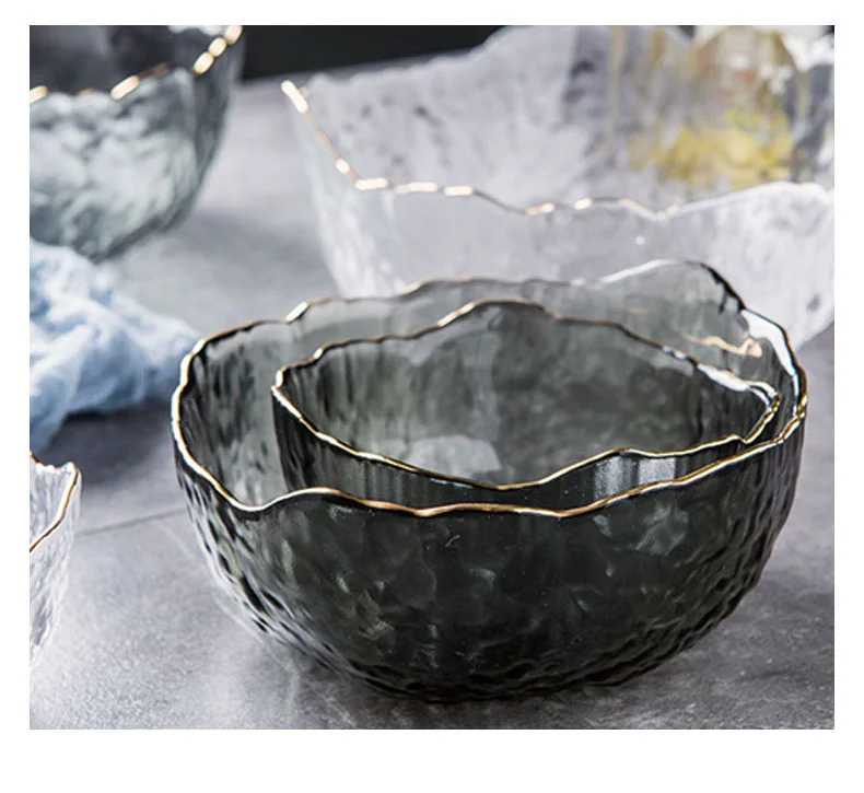 IJARL, Irregular Salad Bowl, Transparent Phnom Penh Glass Bowl, Transparent Gold Traced, Various Specifications,3 packs detail image 10