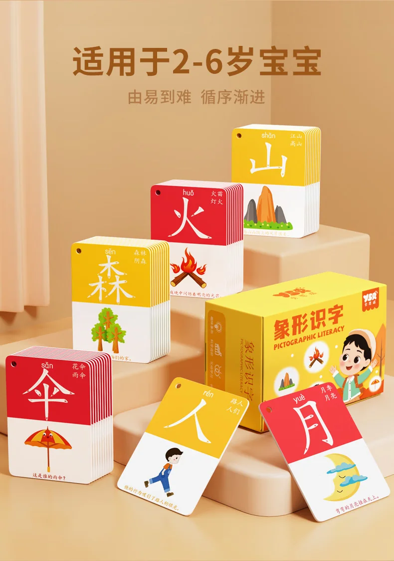 【中国直邮，时效5-12天】奕思瑞 幼儿童识字卡片1-3-6岁幼儿园宝宝看图认字早教玩具 【4盒加厚装】1-1600象形字 detail image 2